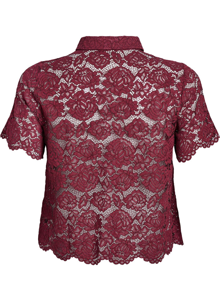 Kanten shirt blouse met parelknopen, Donker Bordeaux, Packshot image number 1