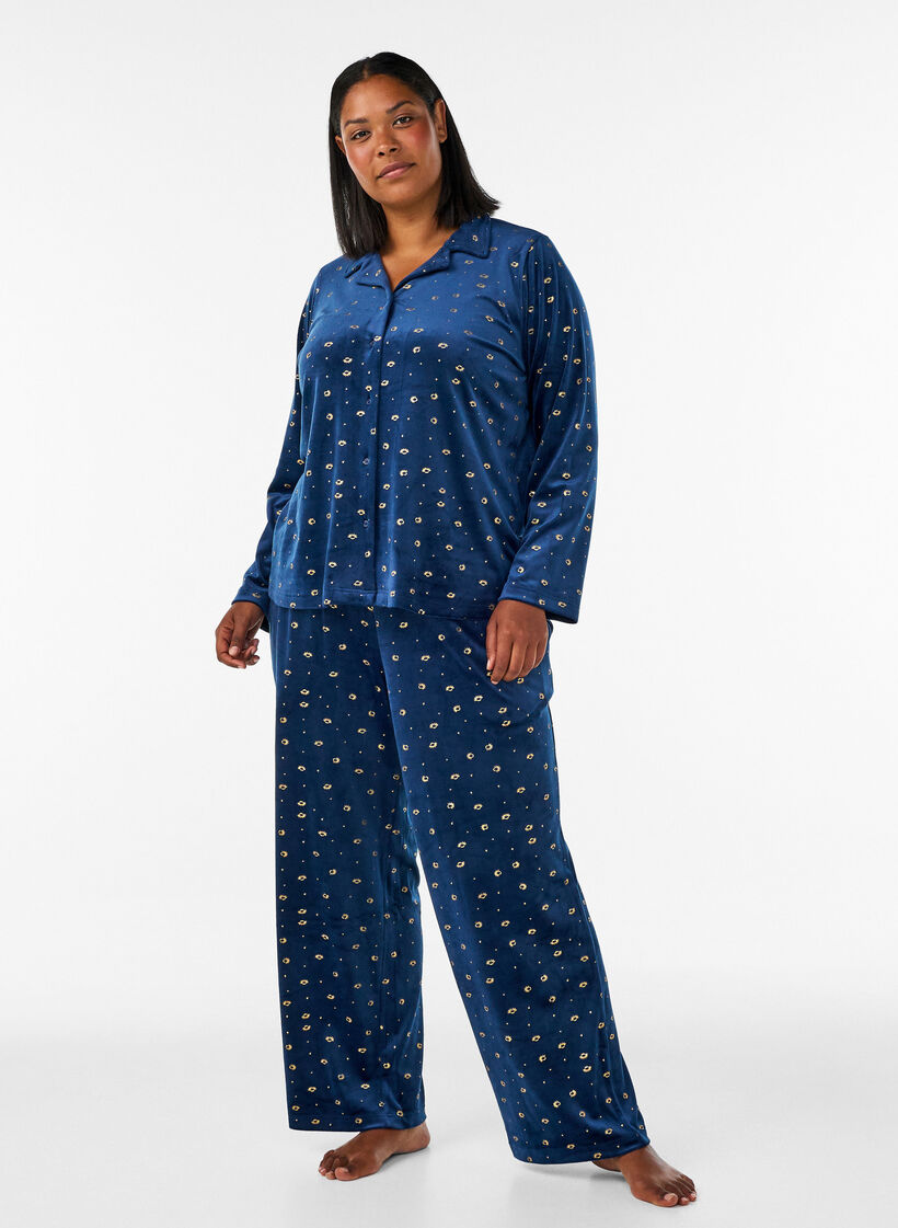 Velours pyjamabroek met all-over print, Blauw, Model image number 0