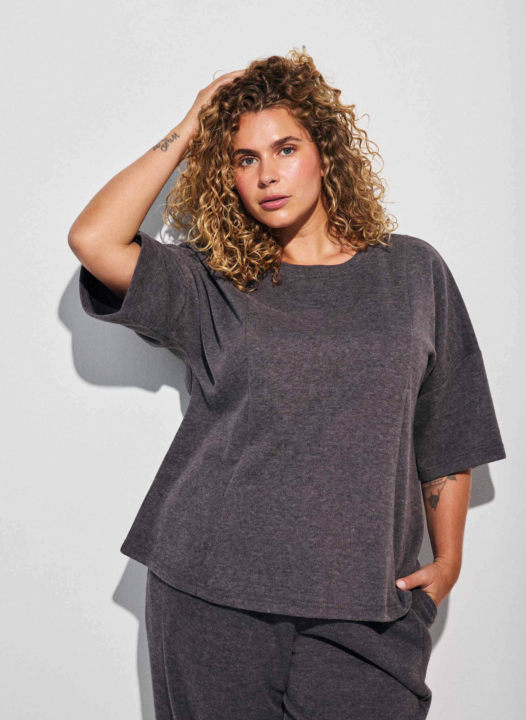 A-lijn jersey blouse met mouwen tot de elleboog, Grijs, Model