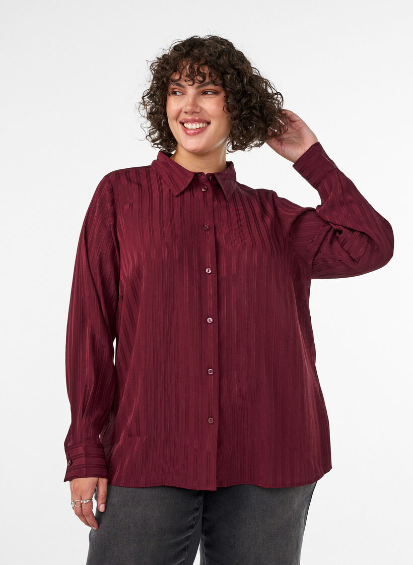 Shirt met gestructureerde strepen en glitterdraden, Rood, Model image number 0