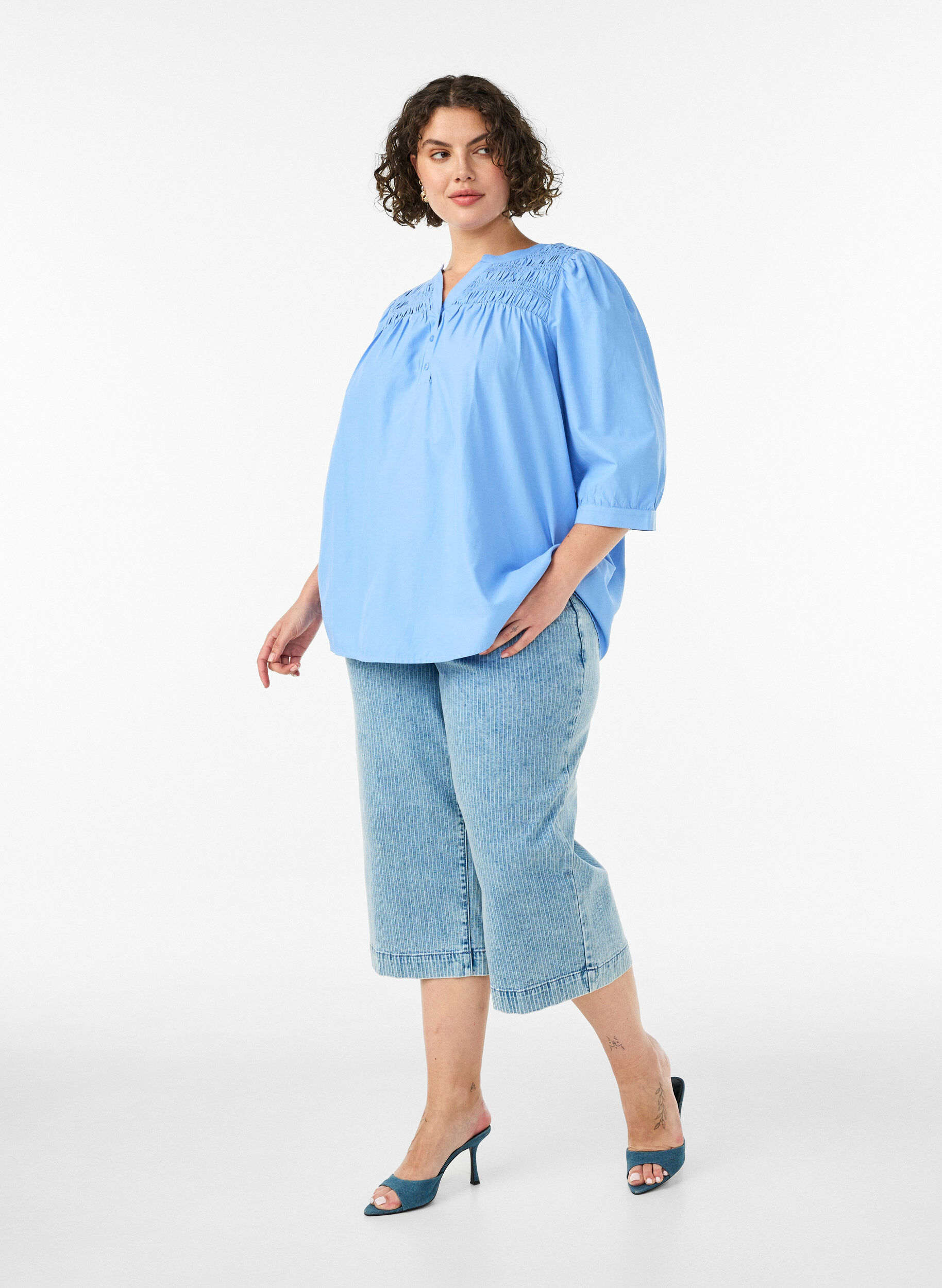 ZizziBlouse met smock en 3/4 mouwen, Blauw, Model image number 1