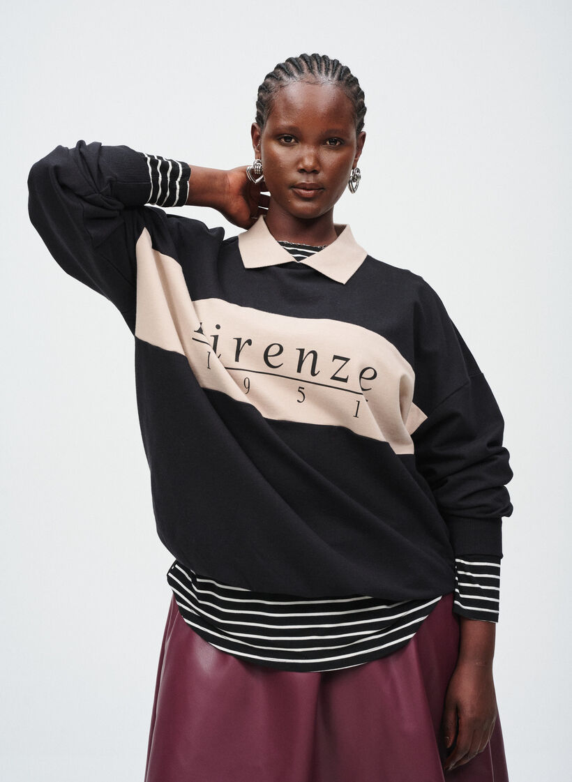 Sweatshirt met kraag en contrastprint van biologisch katoen, Black w. Simply Taup, Image