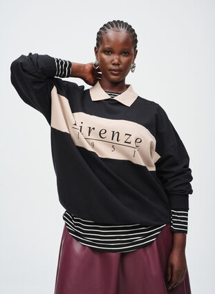 ZizziSweatshirt met kraag en contrastprint van biologisch katoen, Black w. Simply Taup, Image image number 0