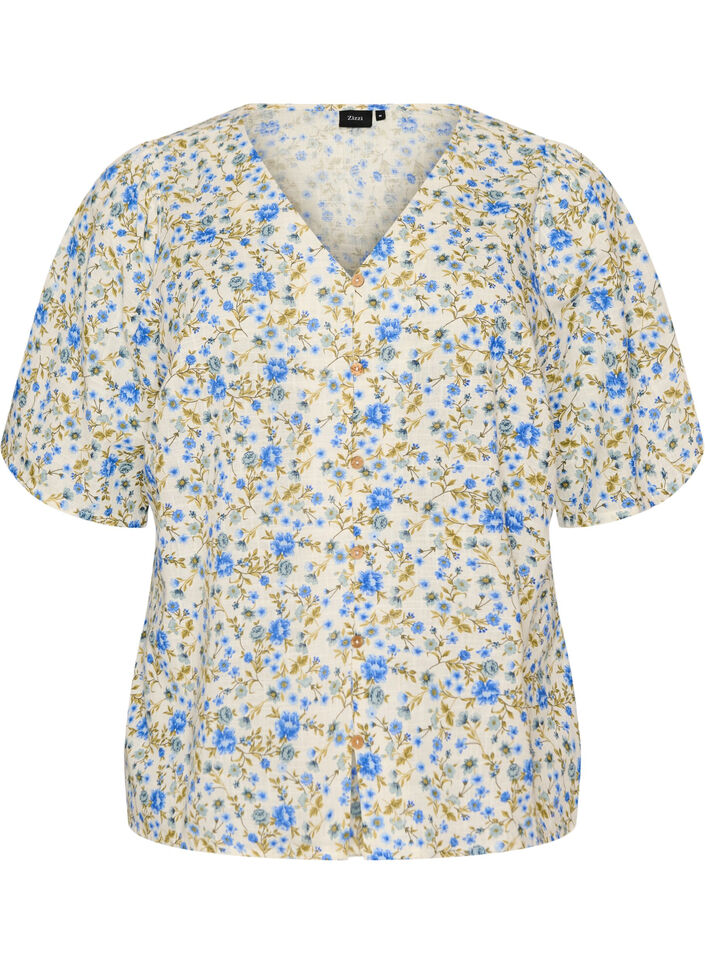 Katoenen shirt met korte mouwen en een V-hals, Blauw, Packshot