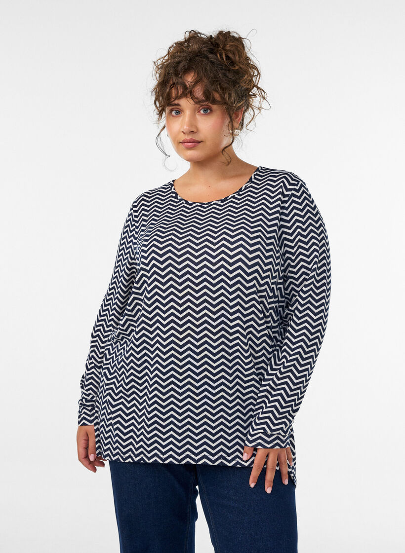 Gedessineerde blouse met lange mouwen, Blauw, Model image number 0