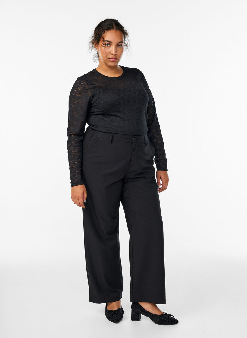 Kanten blouse met ronde hals en strakke pasvorm, Zwart, Model image number 1