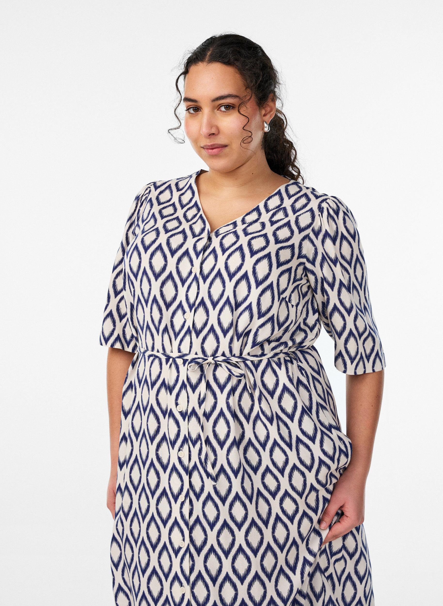 ZizziJurk met print en strikceintuur, Vanille, Model image number 2