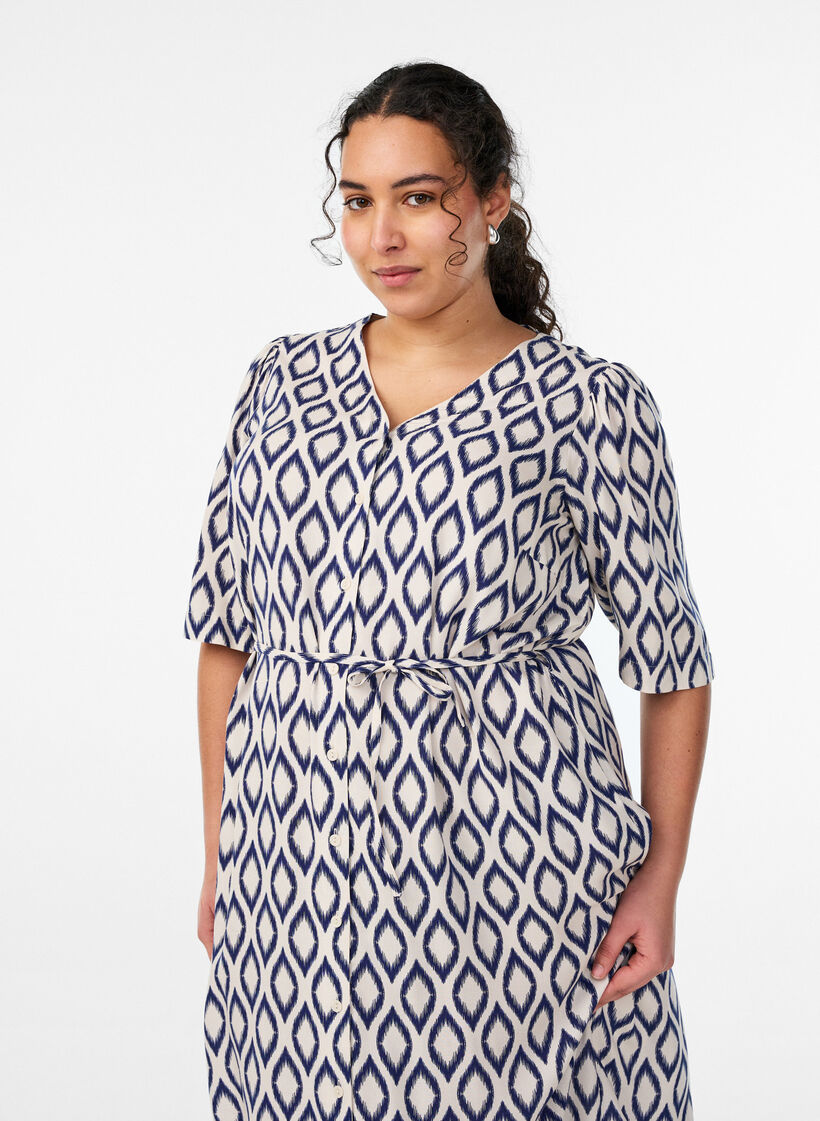 Jurk met print en strikceintuur, Vanille, Model image number 2