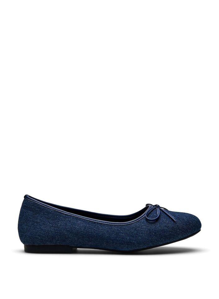 Wide fit - Denim ballerina met strik, Dark Blue Denim, Packshot