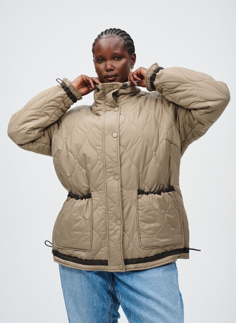 Korte gewatteerde jas met contrastdetails, Beige, Image image number 0