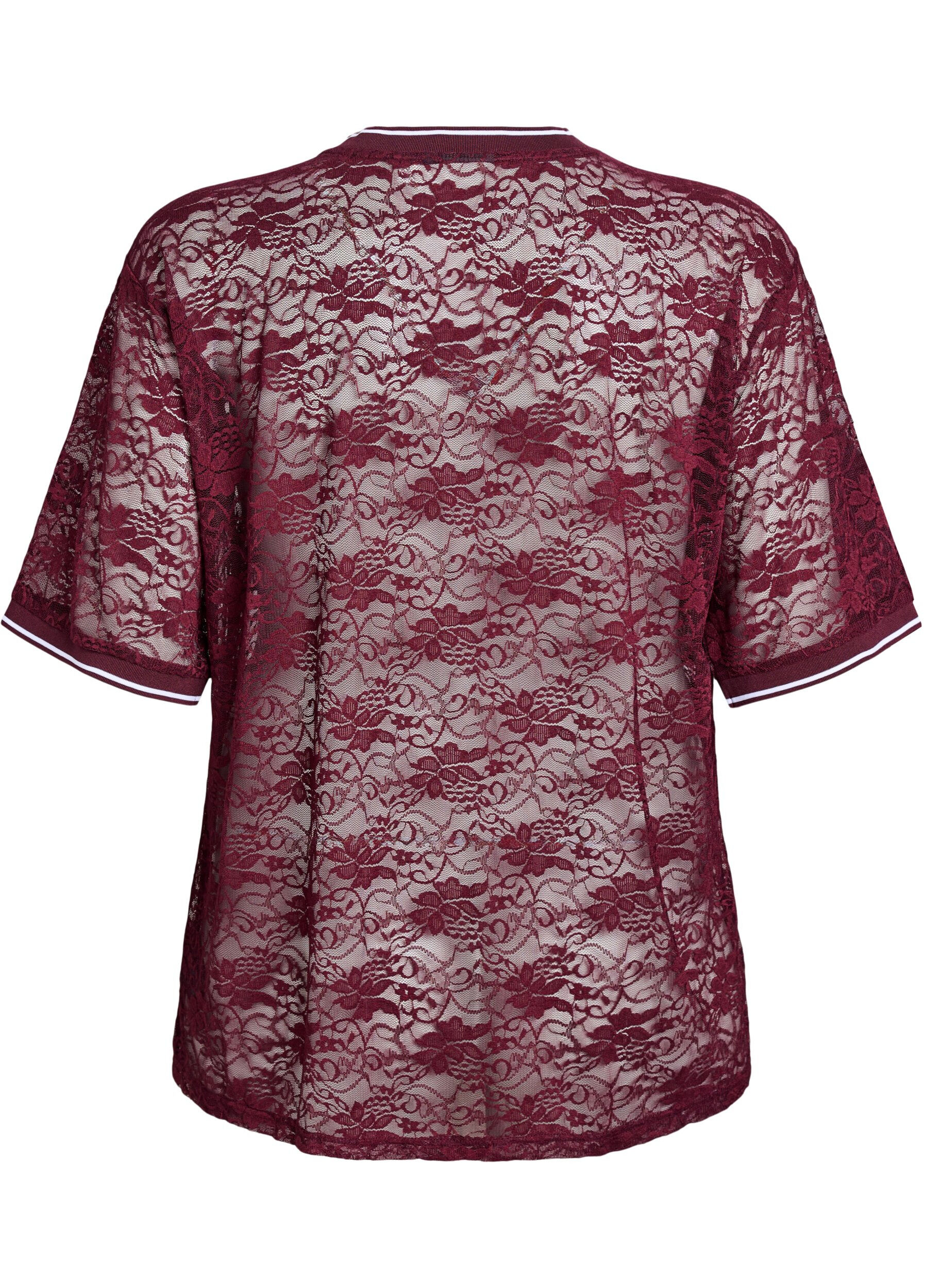 ZizziSportief T-shirt van kant met losse pasvorm, Donker Bordeaux, Packshot image number 1