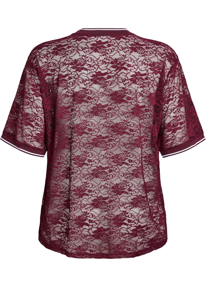 Sportief T-shirt van kant met losse pasvorm, Donker Bordeaux, Packshot image number 1