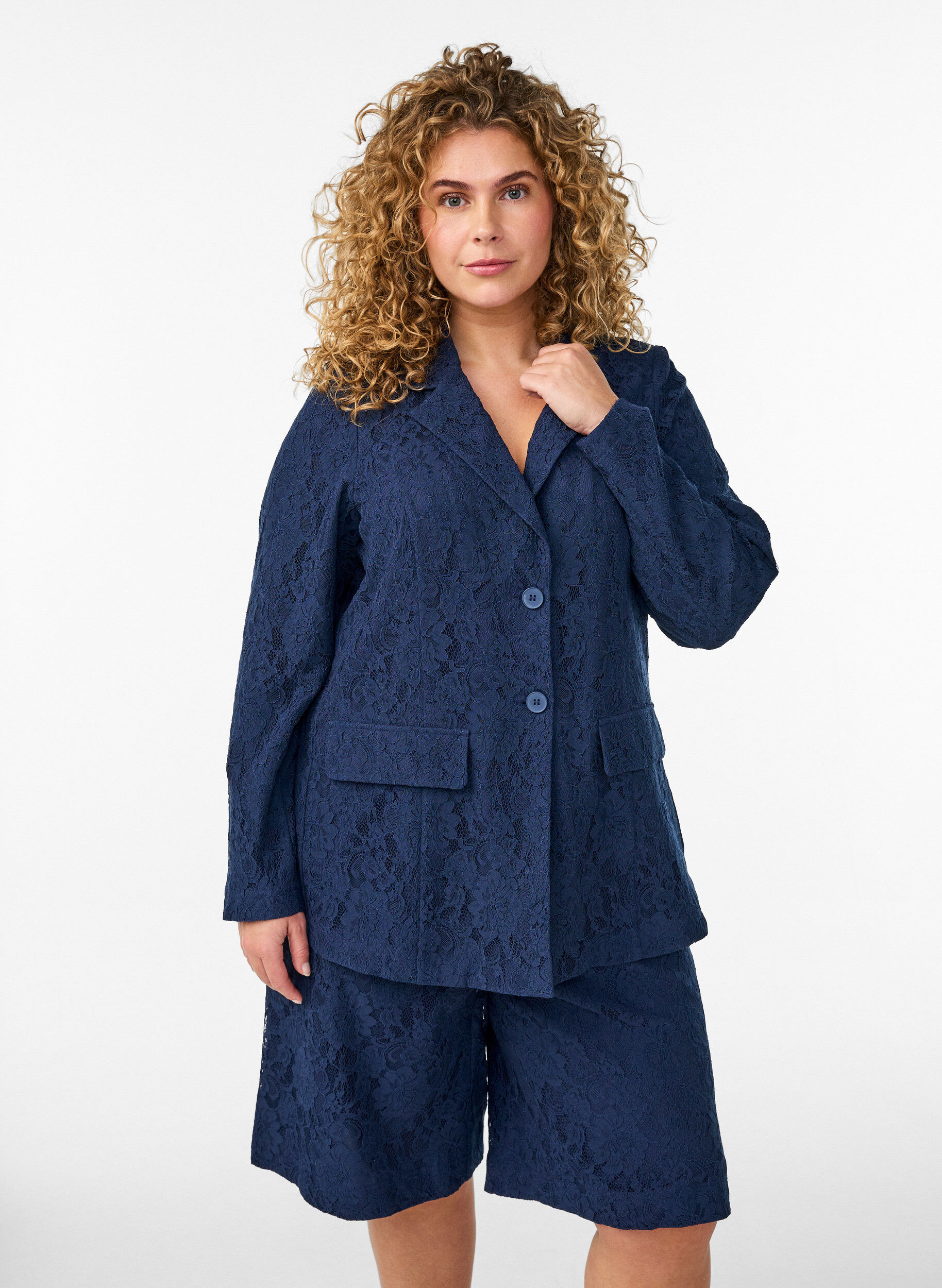 Bermuda shorts van kant met hoge taille, Blauw, Model