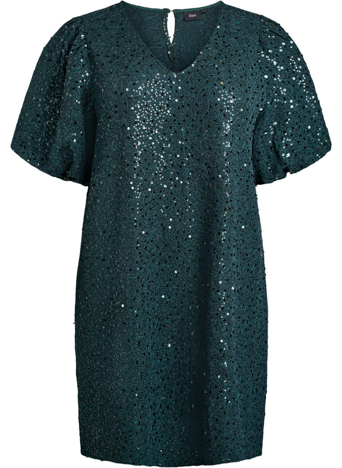 Korte jurk met pailletten en pofmouwen, Groen, Packshot image number 0