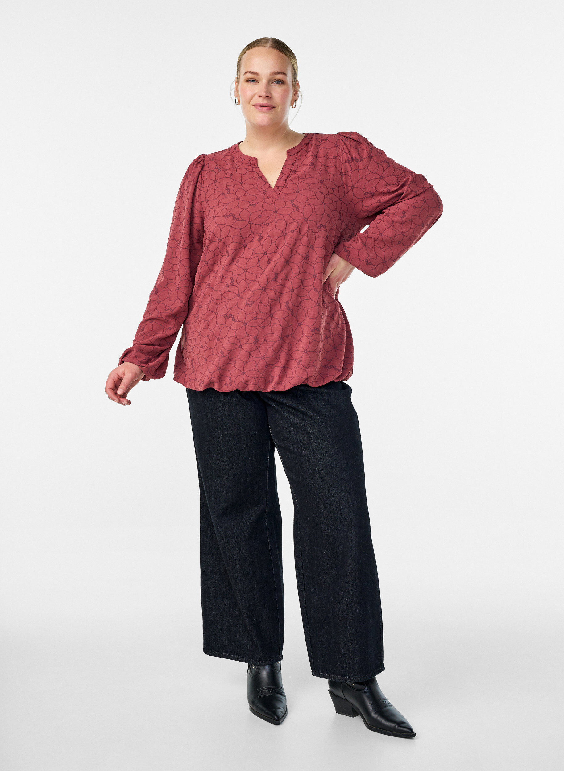 ZizziBlouse met lange mouwen met bloemenborduursel, Roze, Model image number 1