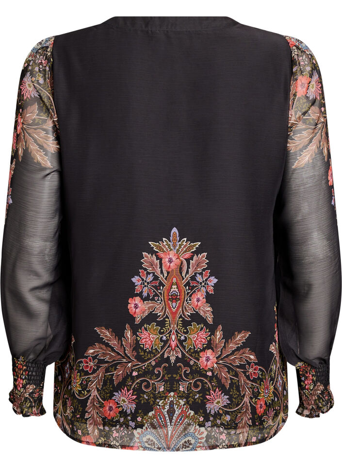 Blouse met paisleyprint en doorschijnende mouwen, Zwart, Packshot image number 1