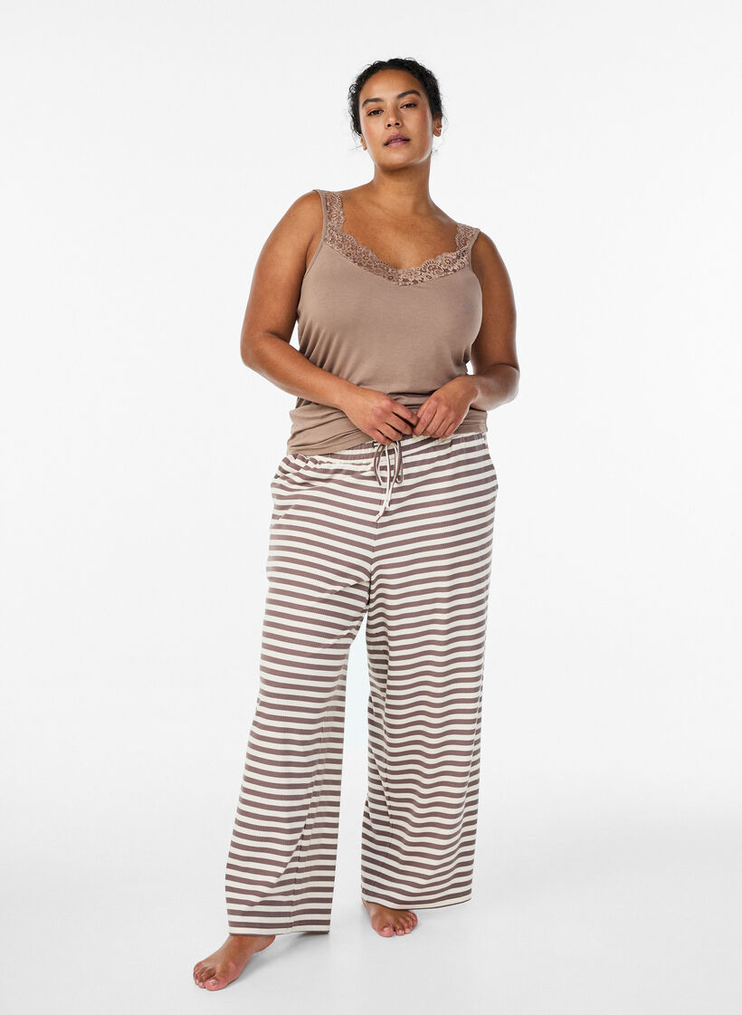 Gestreepte pyjamabroek met een high waist en wijde pijpen, Beige, Model image number 0