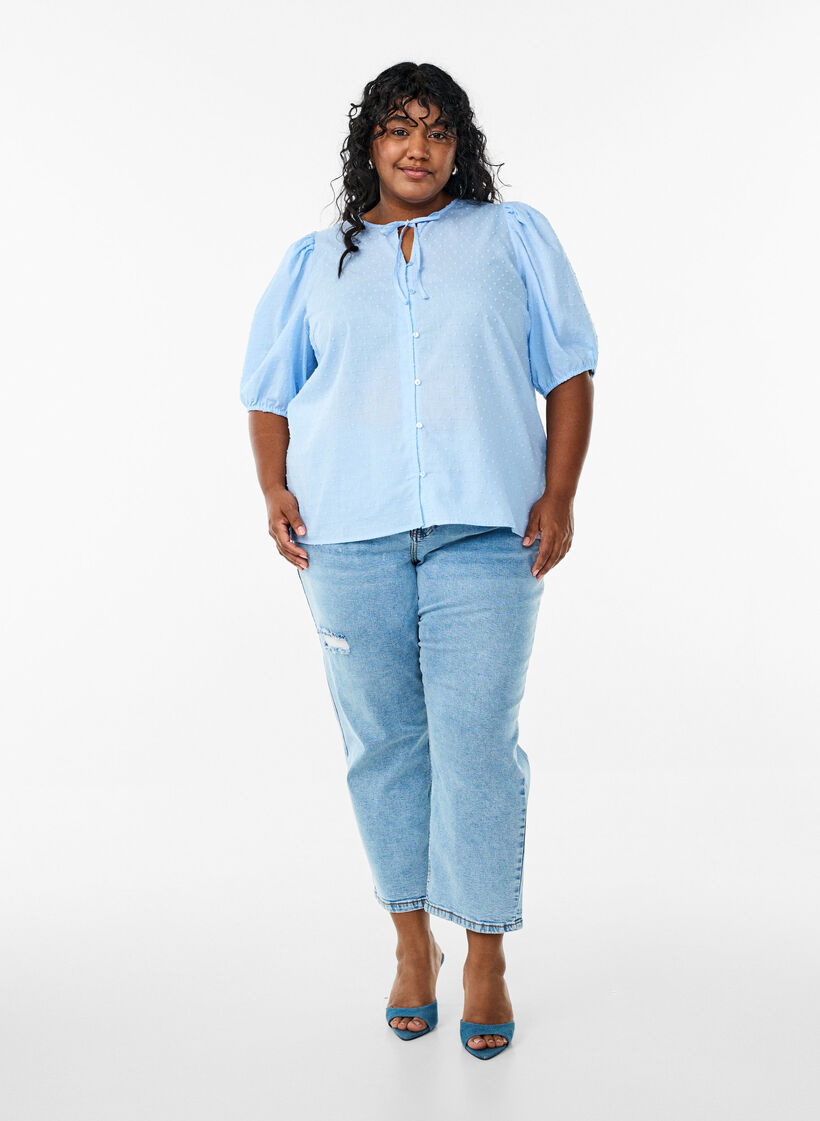 Shirtblouse met strikkoord en gestippelde textuur, Blauw, Model image number 1