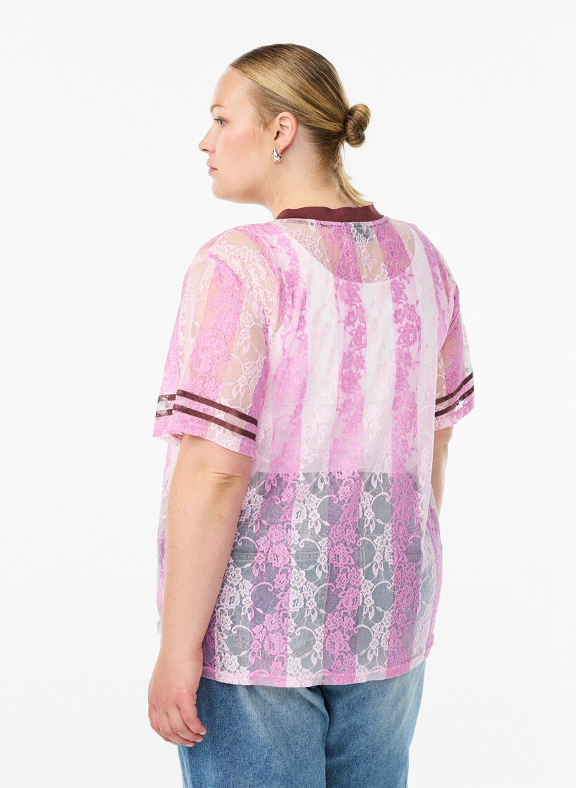 Gestreepte kanten blouse met opvallende print, Roze, Model image number 2