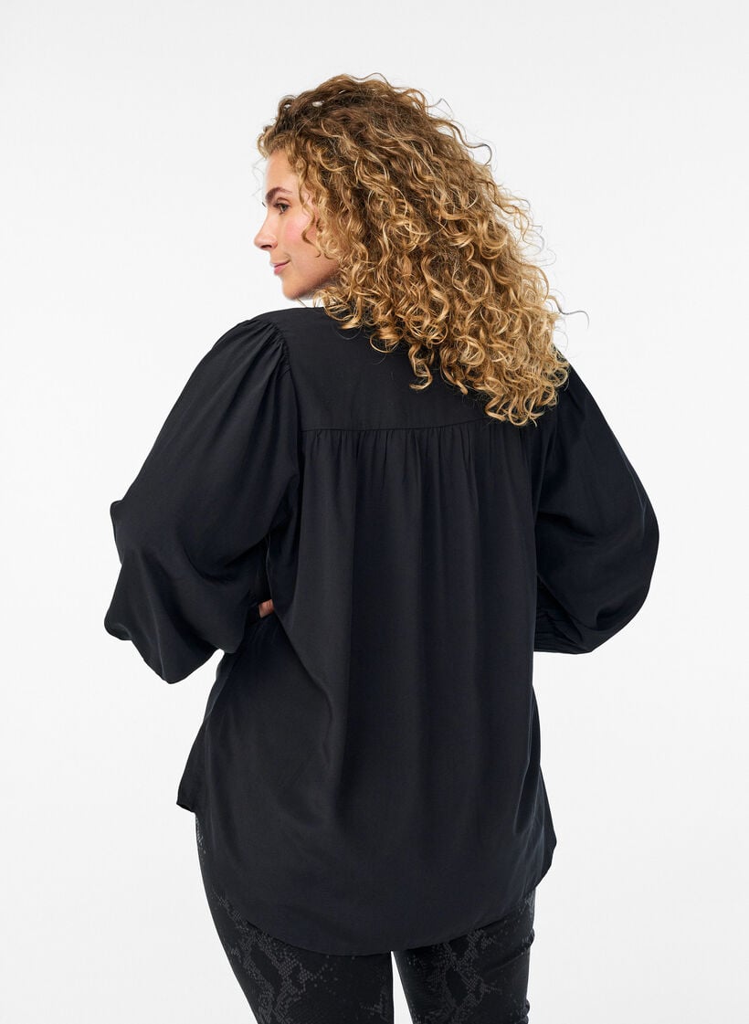 Blouse met ruches kraag en plooien, Zwart, Model image number 2