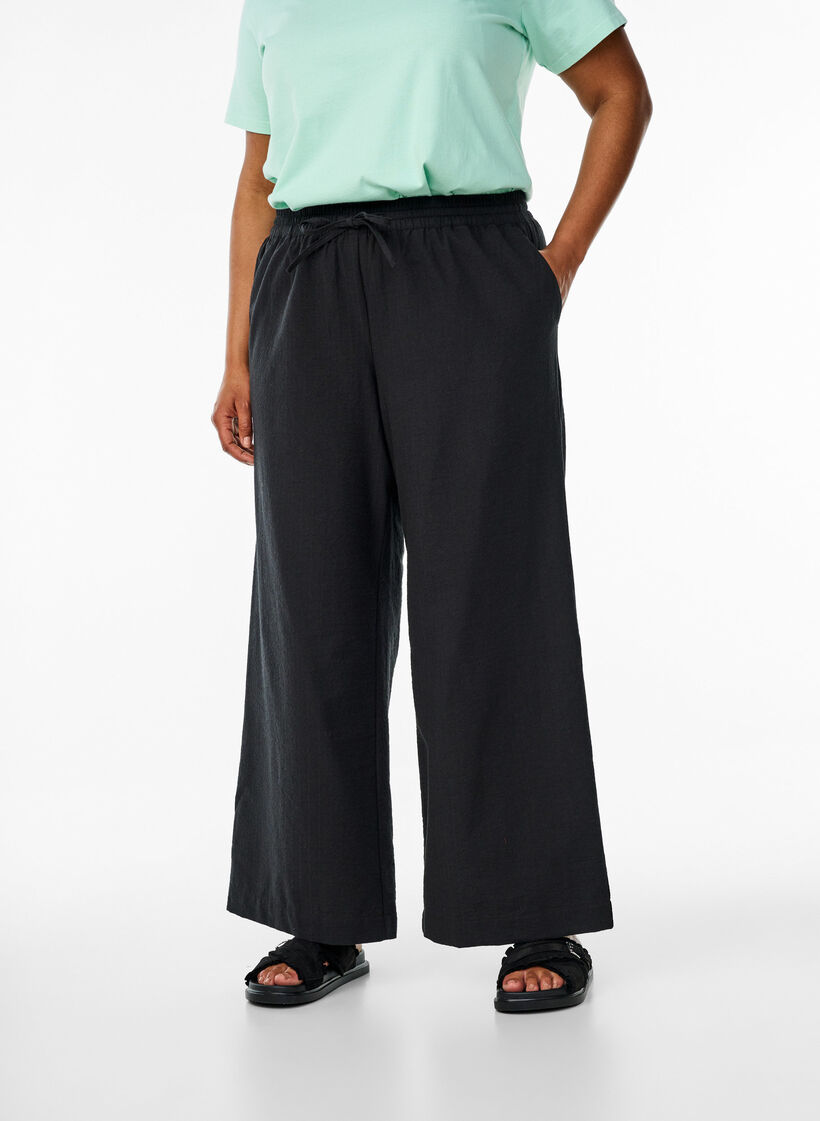 Losse broek met hoge taille en zakken, Zwart, Model image number 2