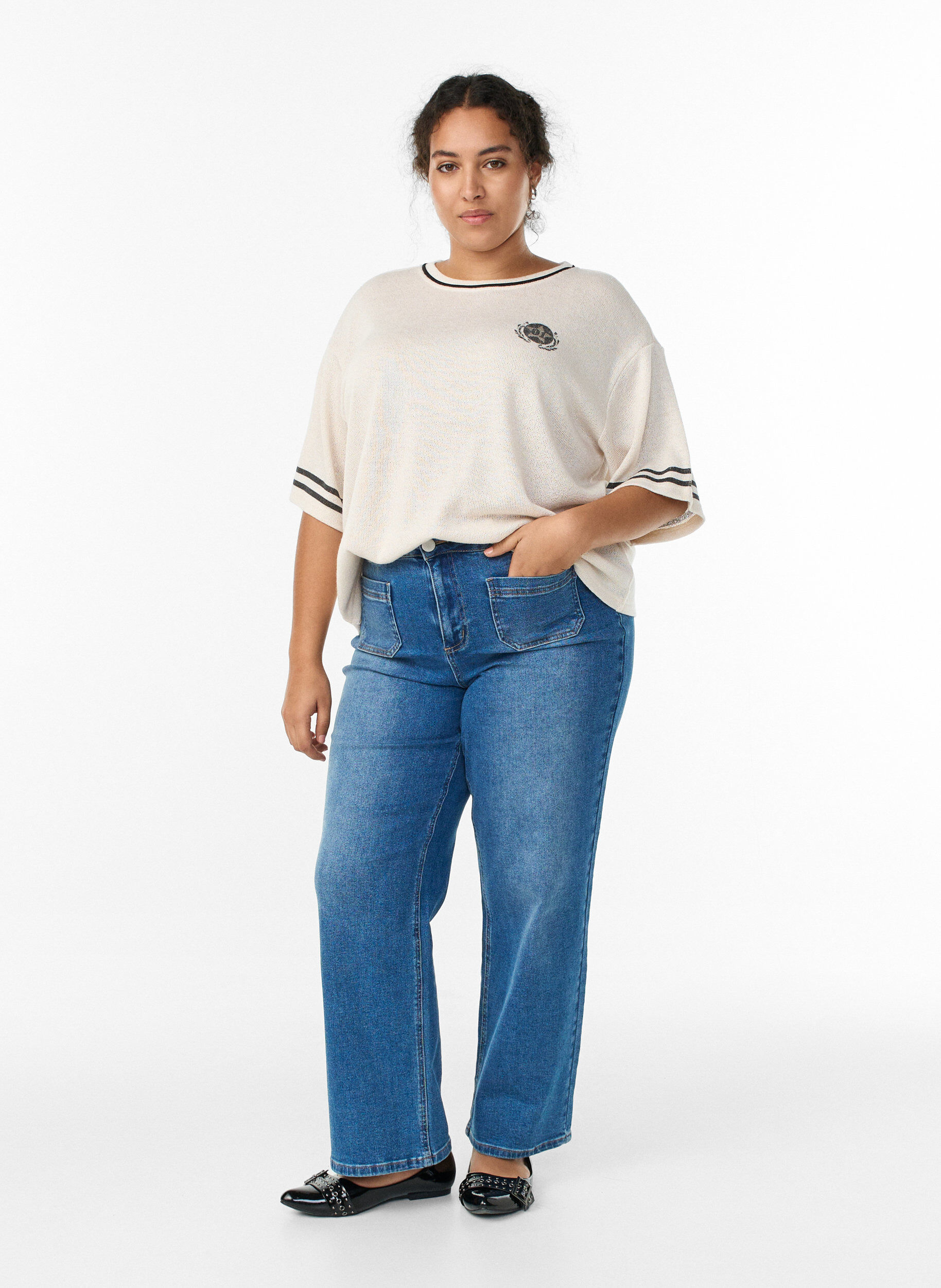 ZizziBlouse met korte mouwen met contrasterende strepen, Beige, Model image number 1