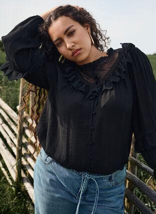 ZizziViscose blouse met kant en ruches, Black, Image image number 0