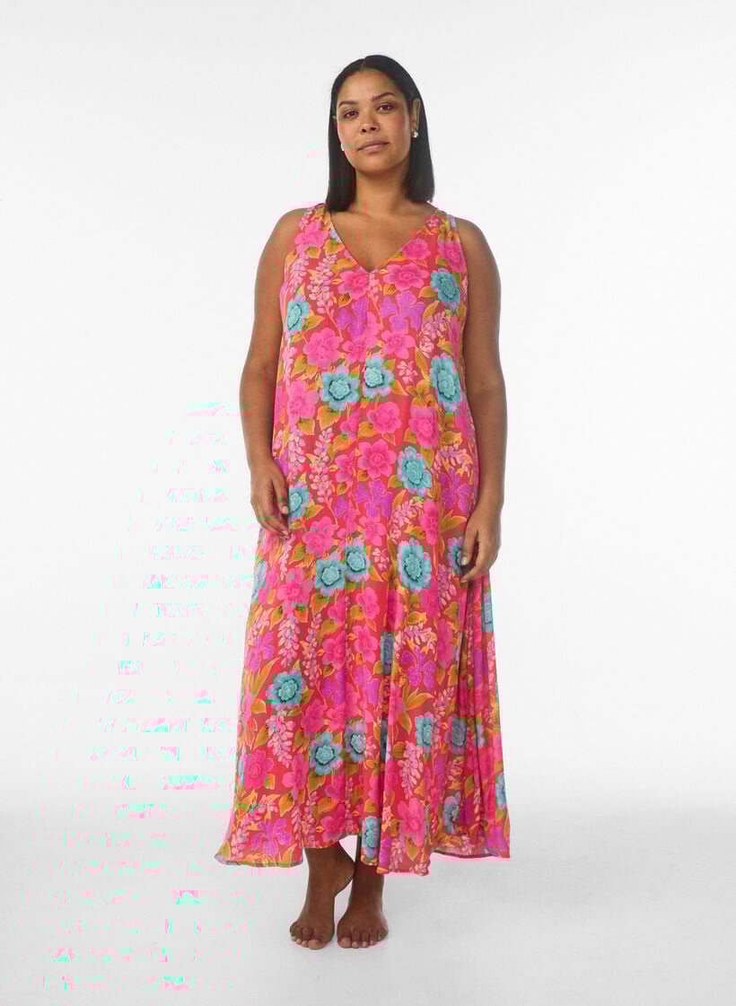 A-lijn maxi-jurk zonder mouwen met een V-hals, Rood, Model image number 0