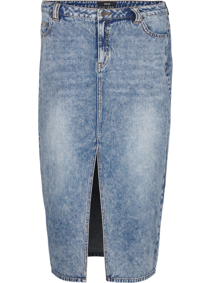 Denim maxi rok met een voorsplit, Blue Denim washed, Packshot