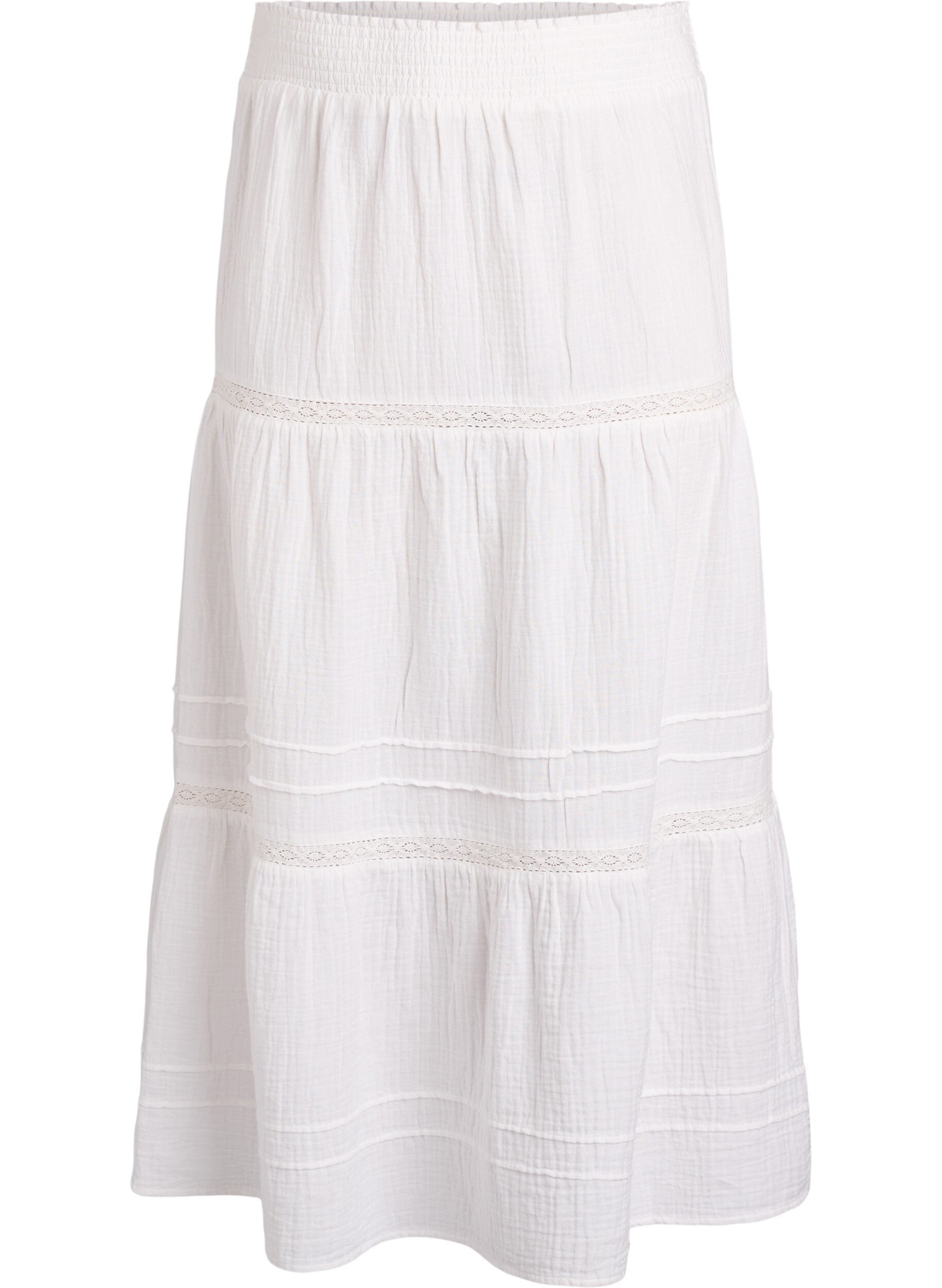 A-line midi skirt in cotton muslin with crochet band