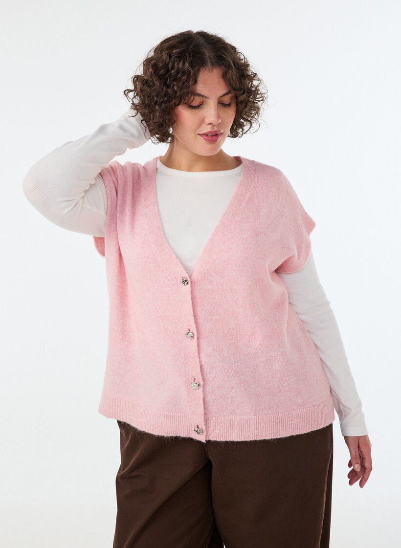 Gebreid gilet met V-hals en decoratieve knopen, Roze, Model image number 0