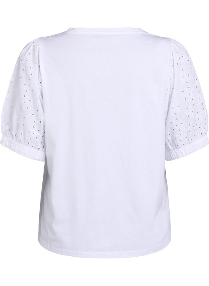 T-shirt met mouwen van broderie anglaise, Wit, Packshot image number 1