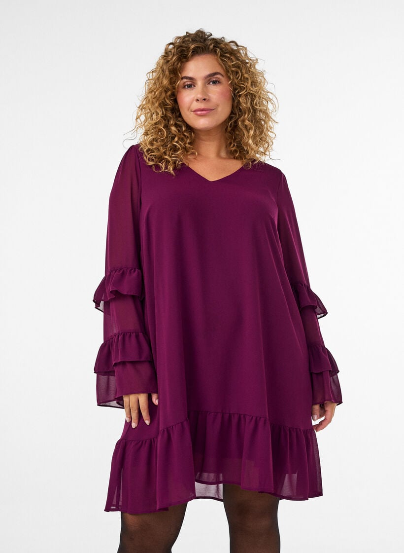 Korte jurk met transparante ruchesmouwen, Paars, Model image number 0