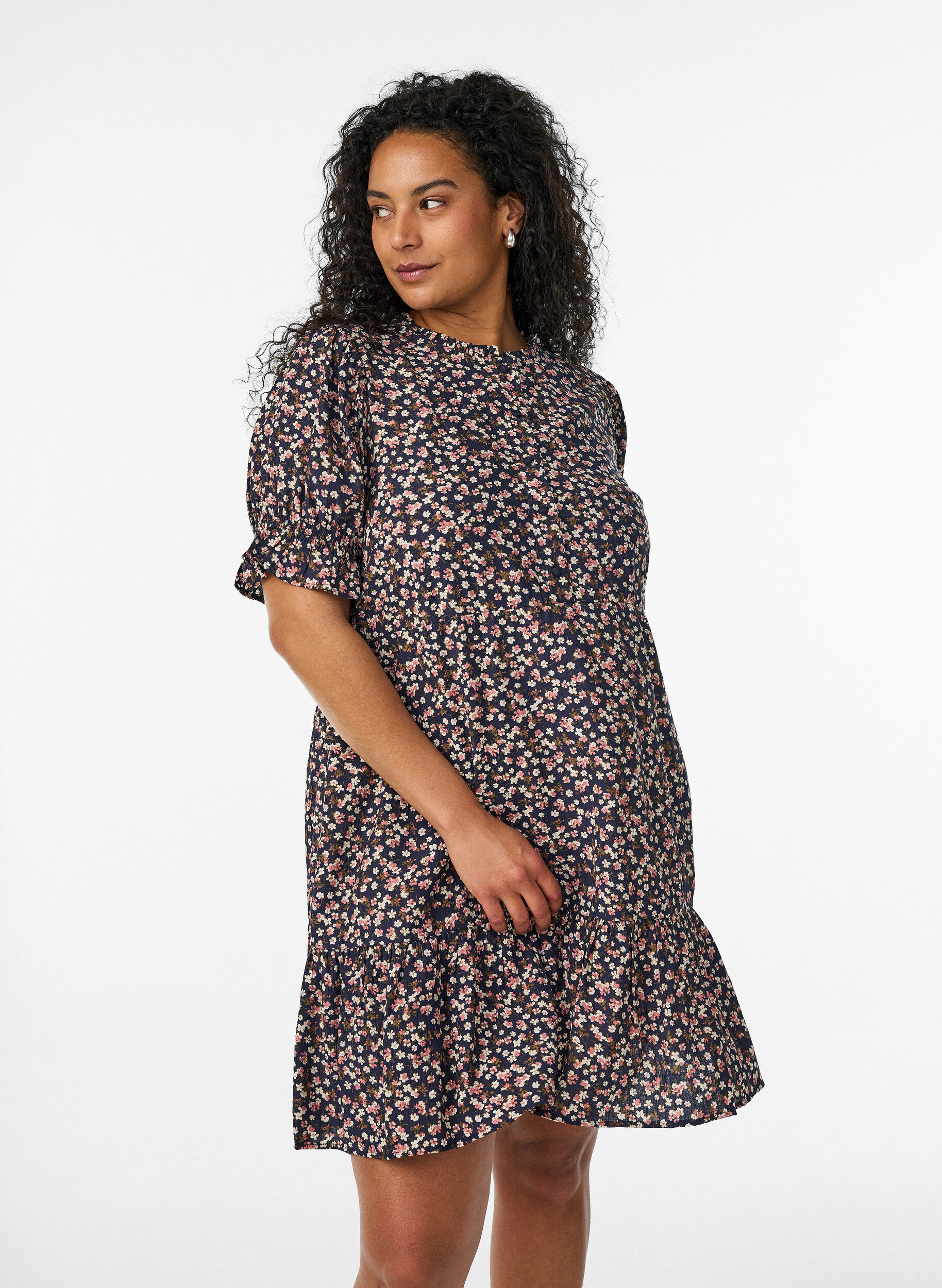 ZizziKorte viscose jurk met ruchesdetails, Blauw, Model image number 0