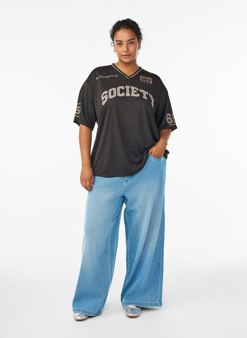 Sportief T-shirt met V-hals en raceprint, Zwart, Model image number 1