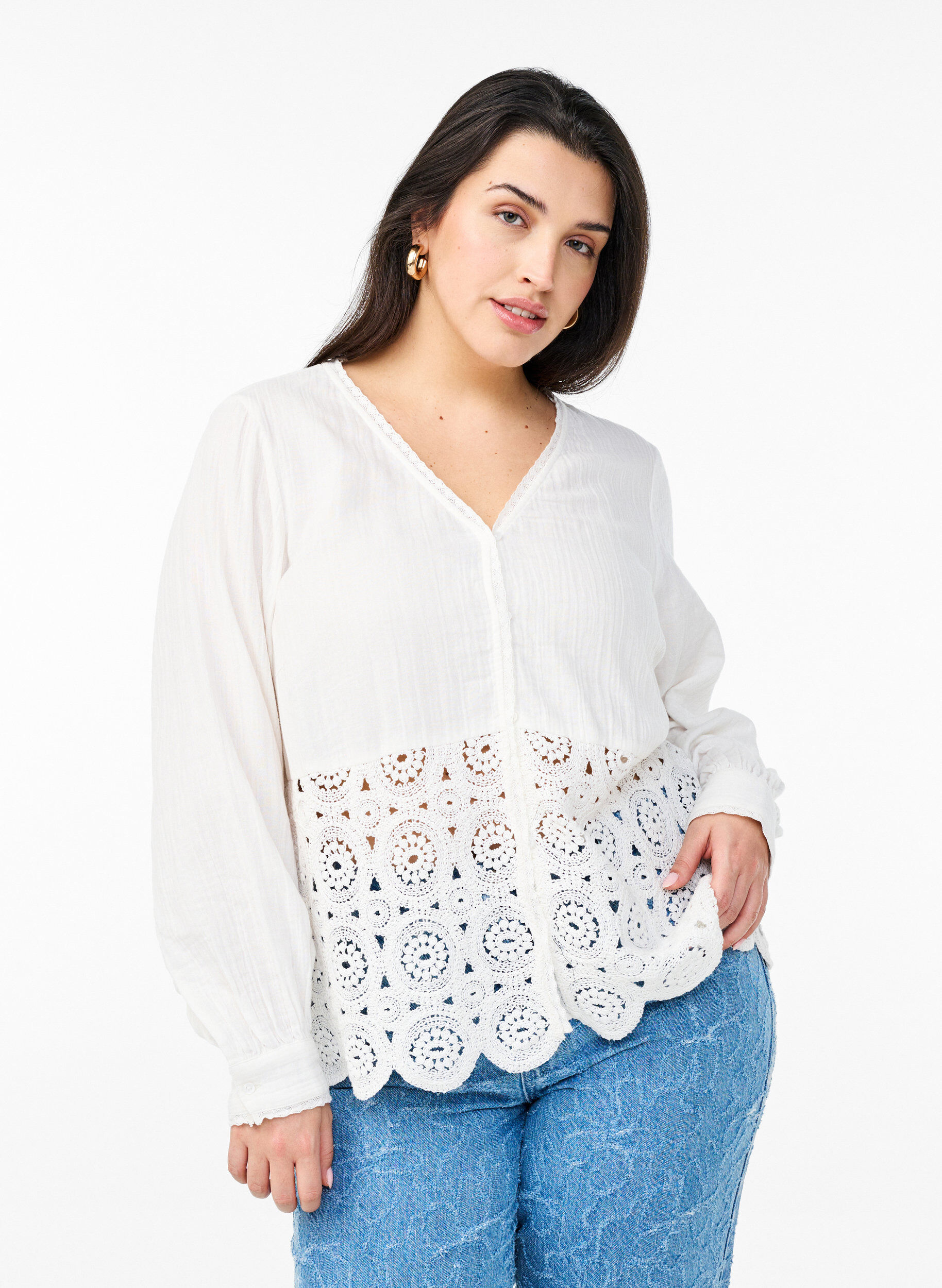 Katoenen mousseline blouse met haakdetails, Vanille, Model