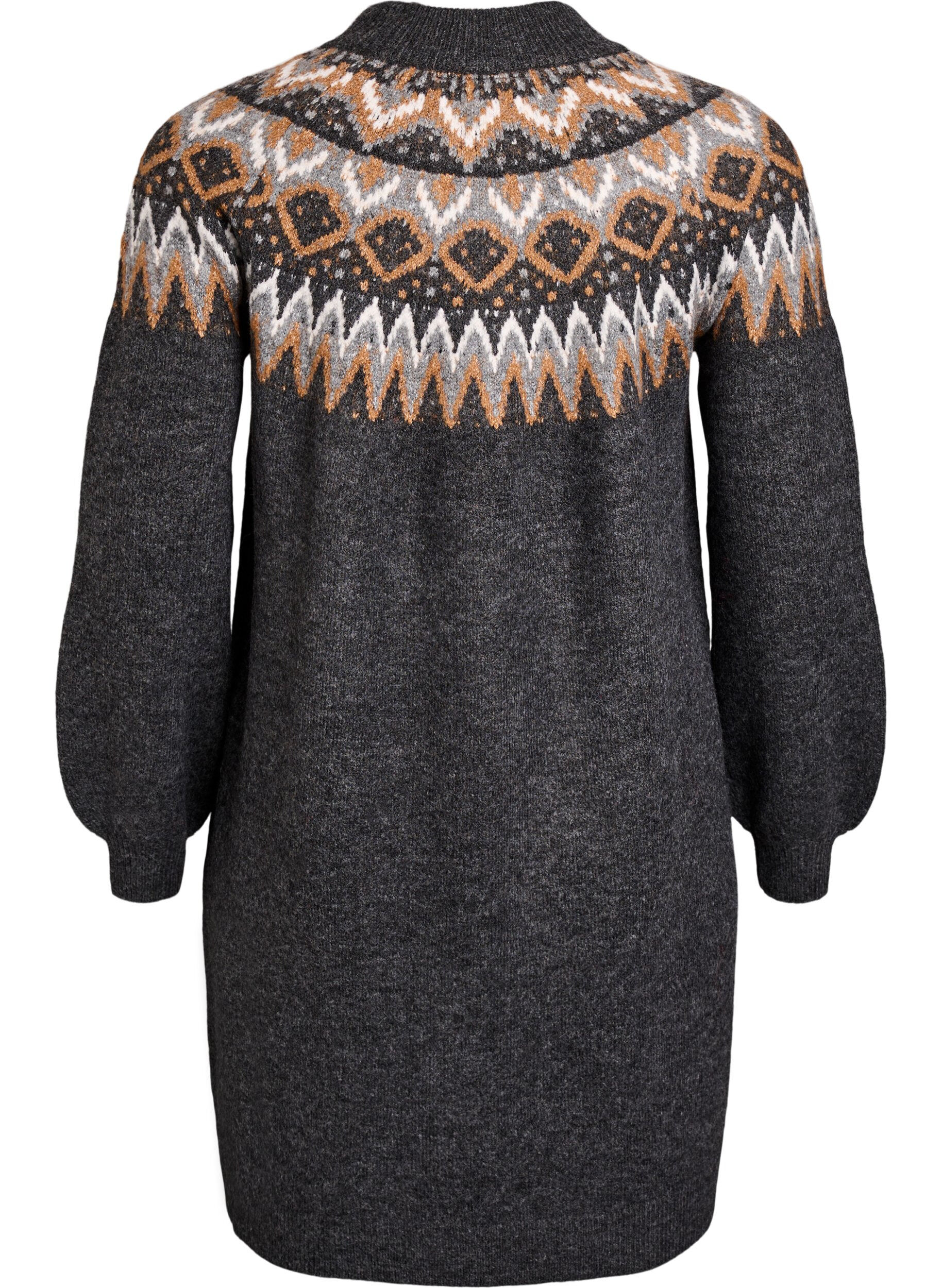 ZizziGebreide jurk met jacquardpatroon en ballonnenmouwen, Grijs, Packshot image number 1