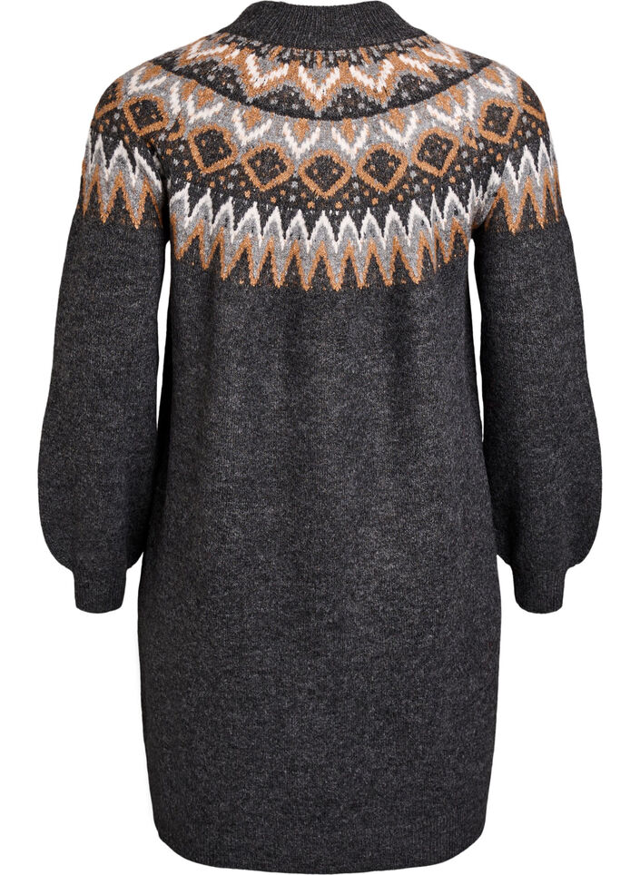 Gebreide jurk met jacquardpatroon en ballonnenmouwen, Grijs, Packshot image number 1