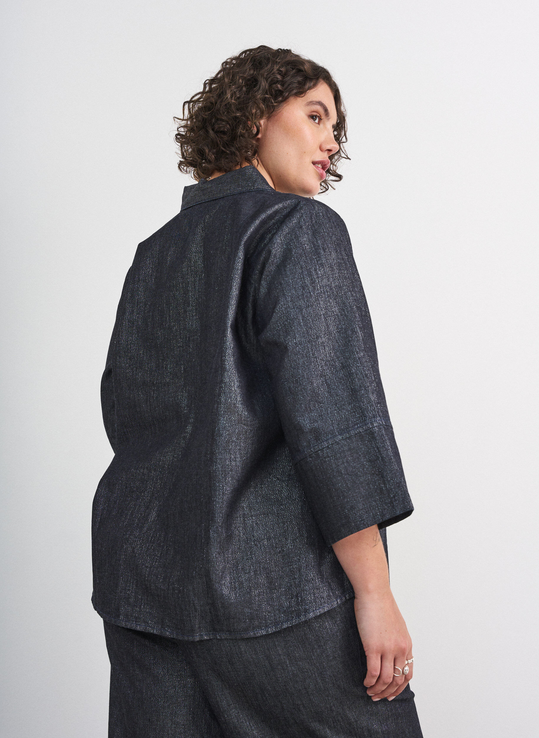 ZizziDenimshirt met glitterdraad en 3/4-mouwen, Grijs, Model image number 2