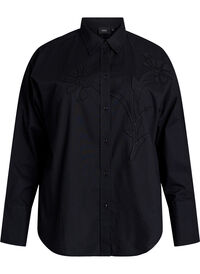Katoenen shirt met ton-sur-ton bloemenborduursel, Zwart Katoenen shirt met ton-sur-ton bloemenborduursel