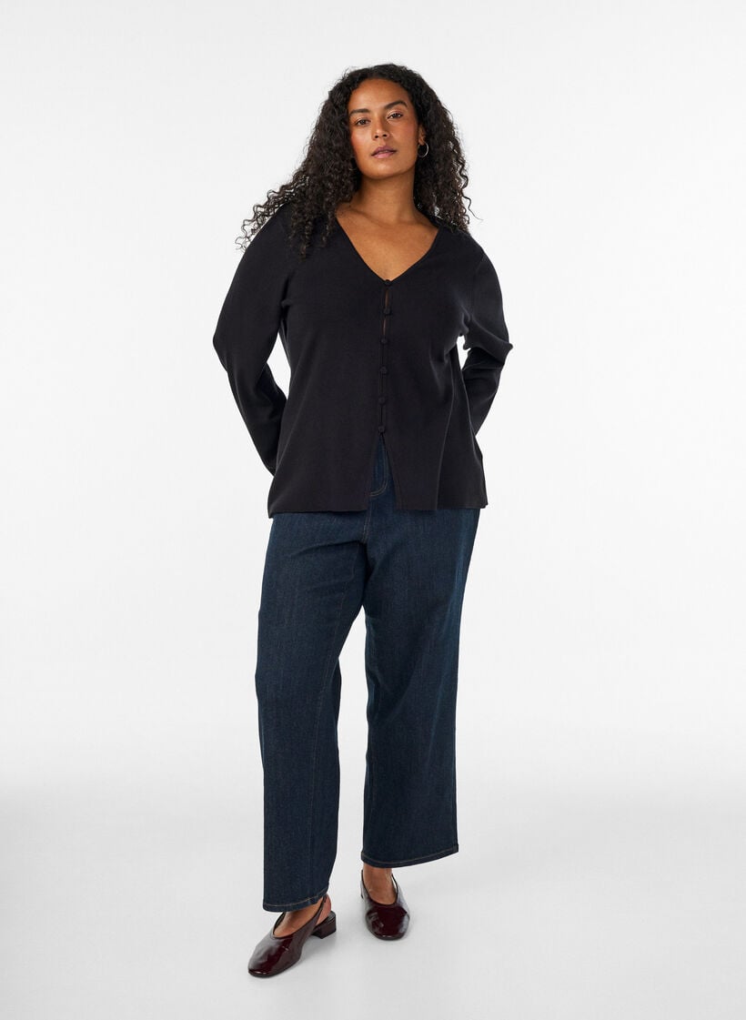 Fijngebreid vest met stofbeklede knopen, Zwart, Model image number 1