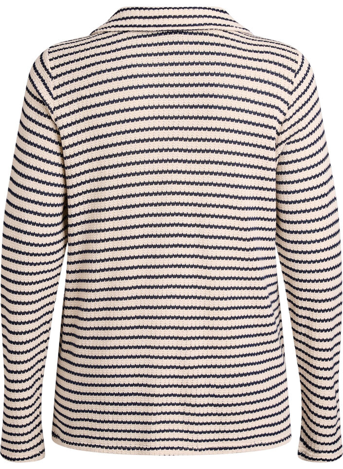 Gestreepte jersey blouse met een kraag en V-hals, Beige, Packshot image number 1