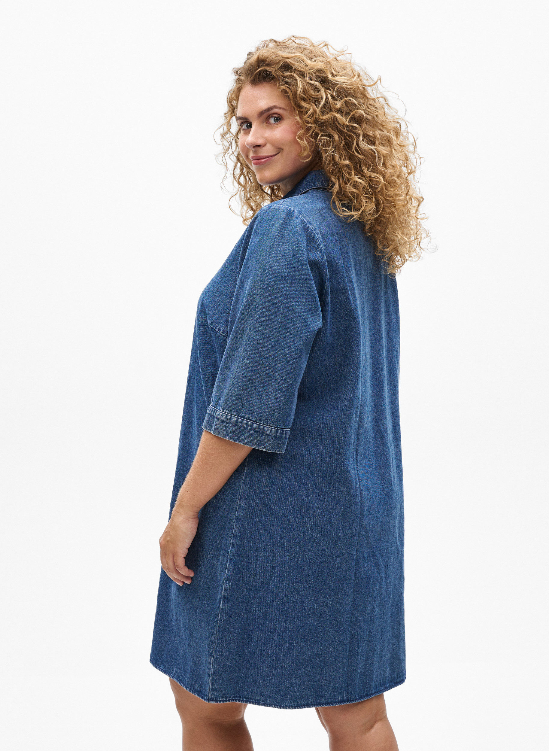 ZizziKorte denimjurk met ritssluiting en 3/4 mouwen, Blauw, Model image number 2