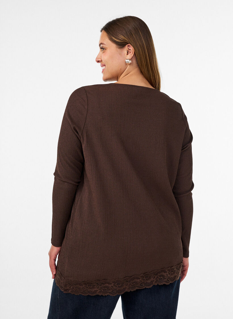 Jersey blouse met asymmetrische kanten rand, Bruin, Model image number 2