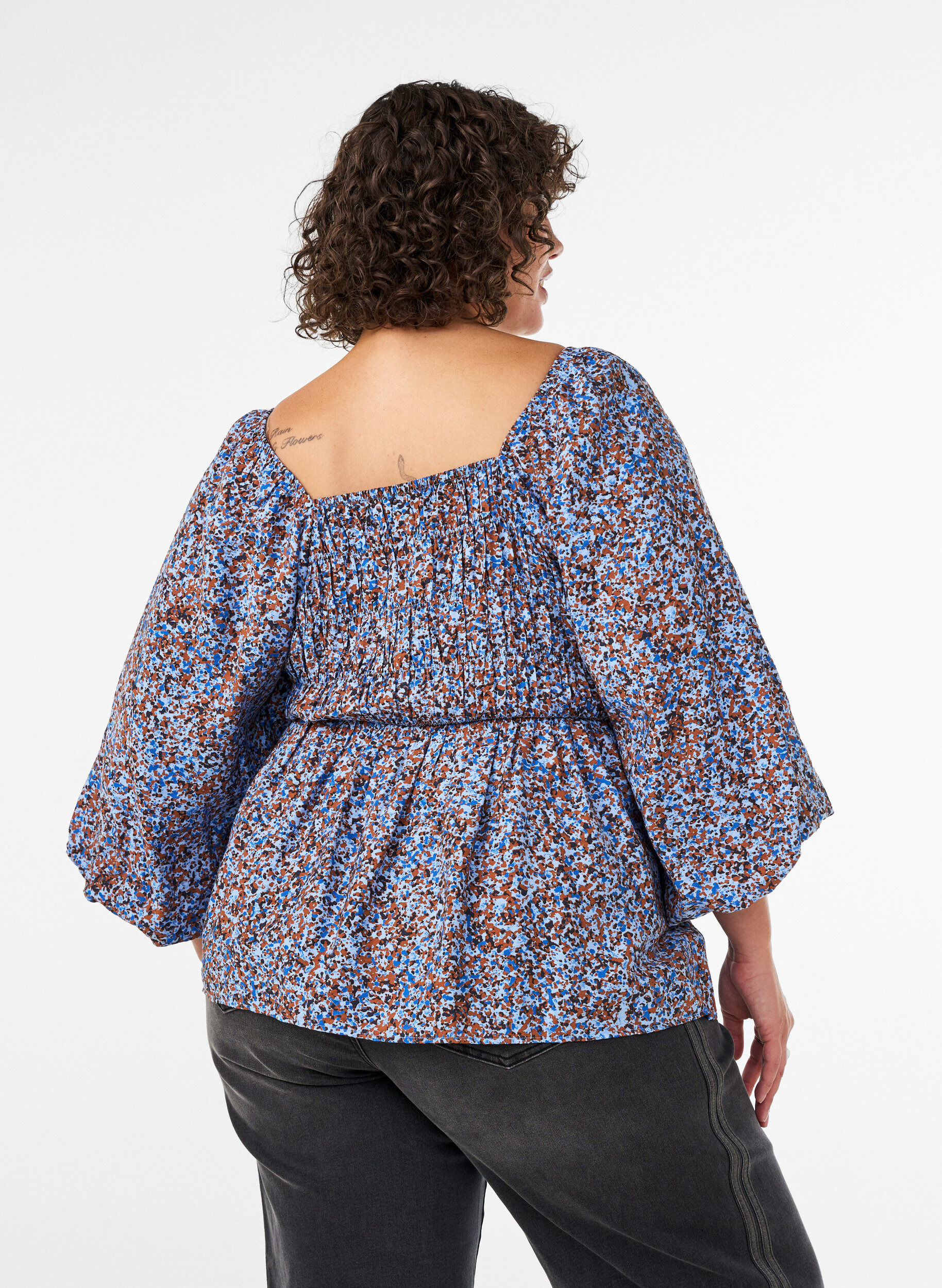 ZizziBlouse met smock en vierkante halslijn, Blauw, Model image number 2