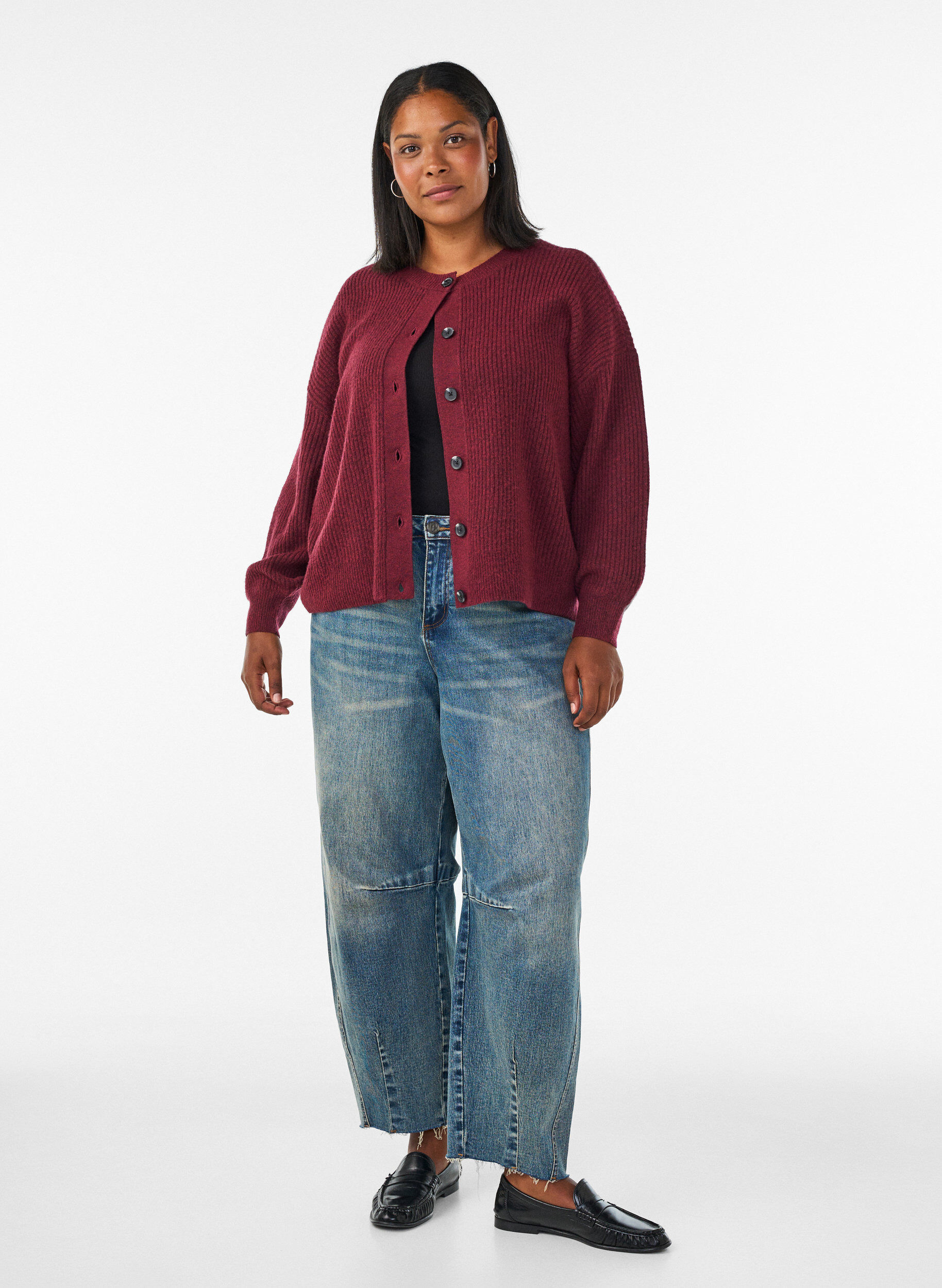 ZizziVest van ribtricot met knopen, Rood, Model image number 1
