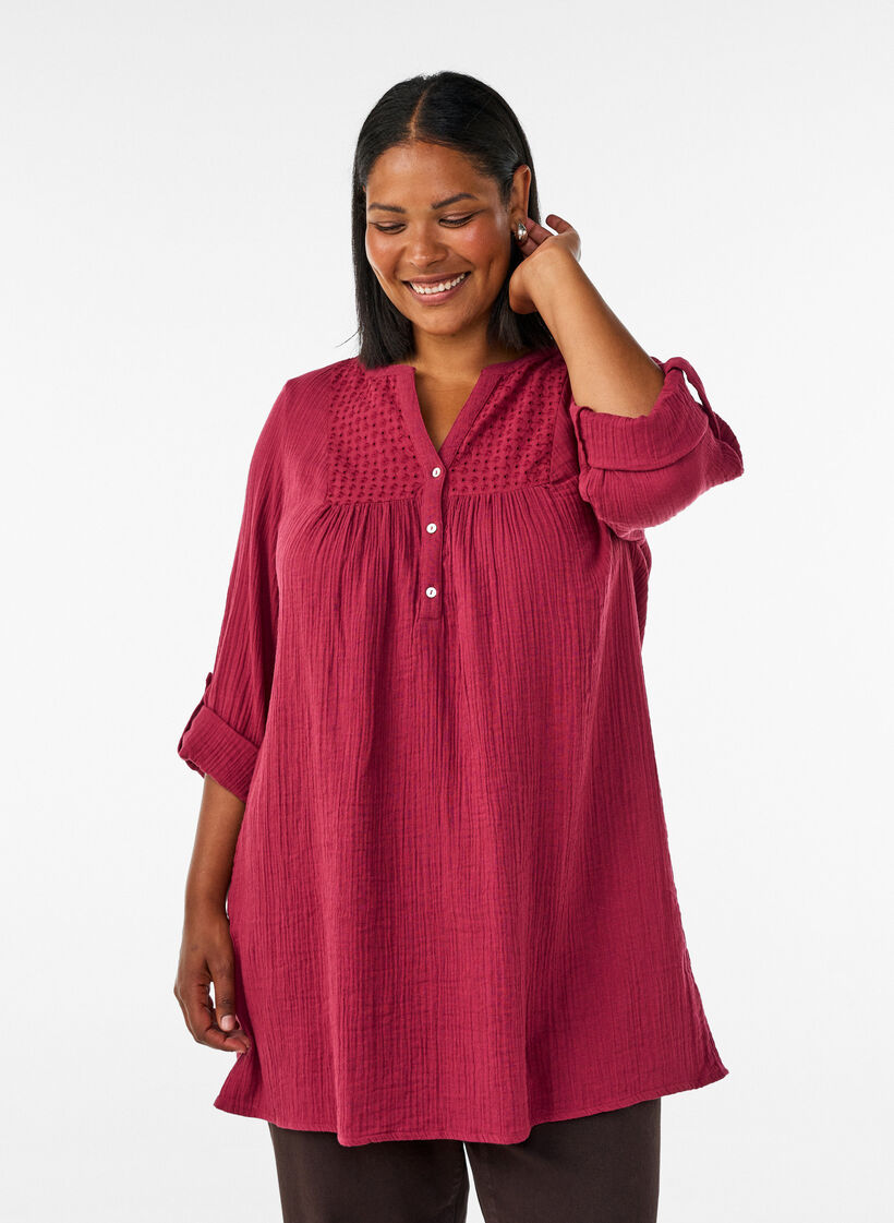 Katoenen mousseline tuniek met broderie anglaise, Rood, Model image number 0