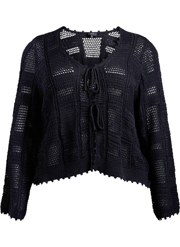 Gebreide cardigan met strikjes en een opengewerkt patroon, Zwart, Packshot image number 0