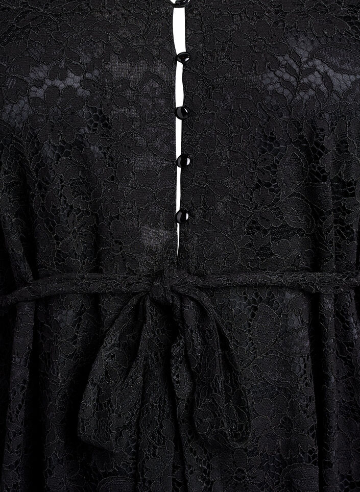 Kanten jurk met lange mouwen en een strikceintuur, Black, Packshot