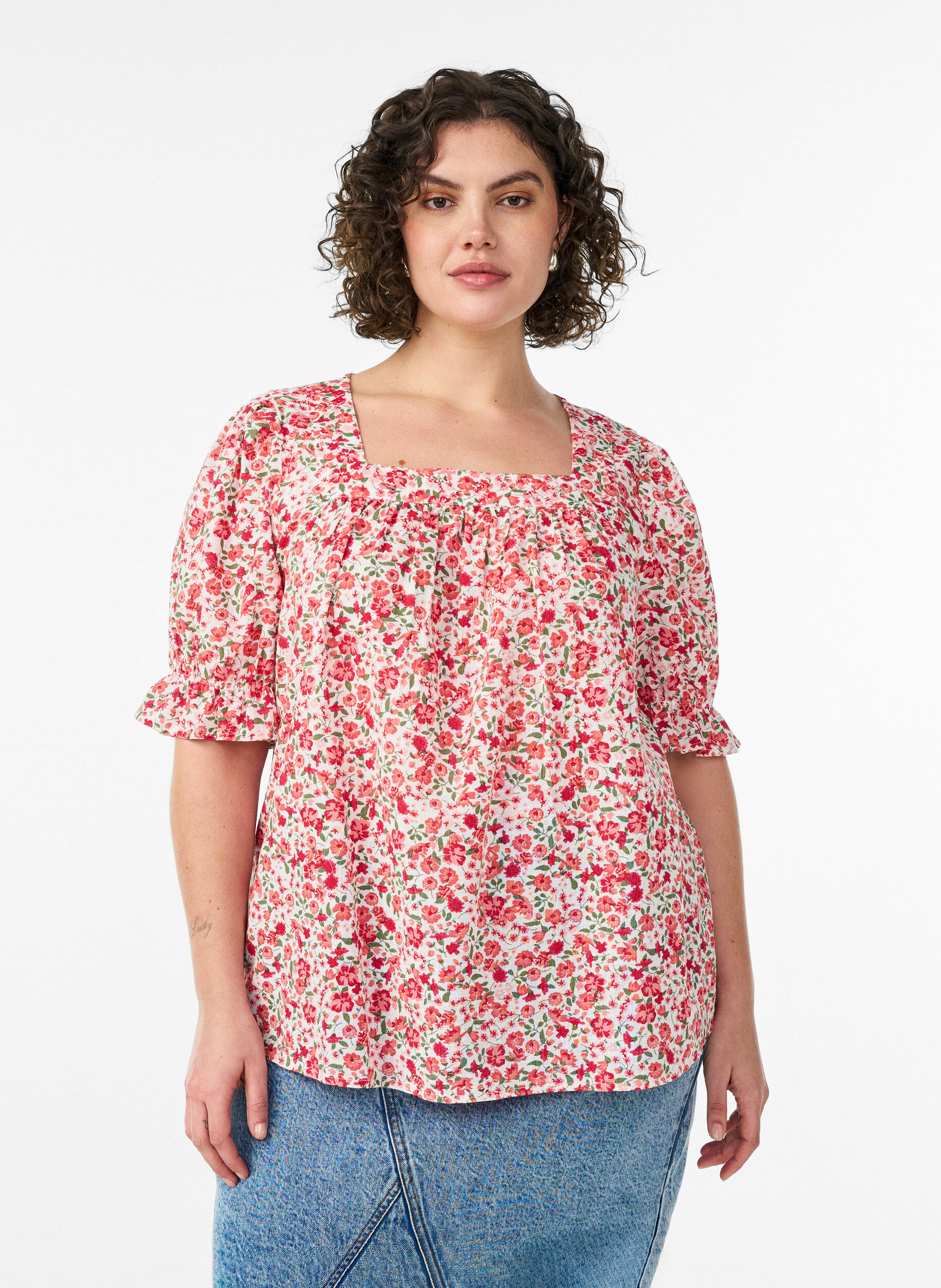 Katoenen blouse met vierkante halslijn, Rood, Model